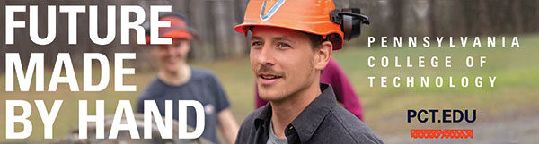 A “Future Made by Hand” billboard showing forest technology students in an outdoor lab garnered a Bronze Educational Advertising Award for Penn College.