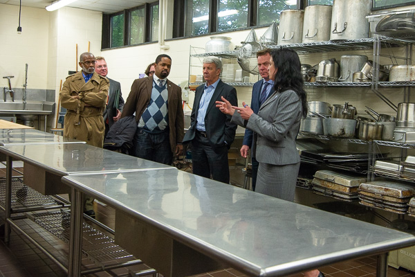 The group is led on a tour of the kitchens and baking lab by Lisa M. Andrus, dean of business and hospitality. In foreground (from left) are Haywood, Walker, Street, Killion and Laughlin.