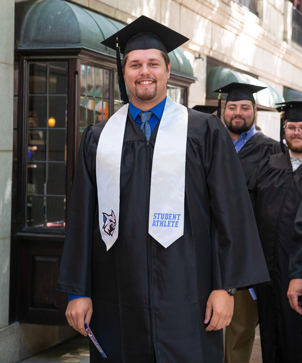 Sporting a Wildcat Athlete stole: Tennis player Tyler J. Marks, adding a bachelor’s degree in building construction technology: masonry concentration to his two associate degrees (attained in 2017) in building construction technology and a masonry emphasis.