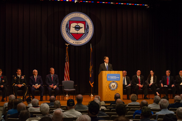 The U.S. Senate seal,  added to the Penn College podium, corroborates the significance of the day's proceedings.