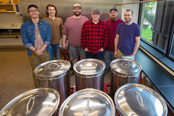 The first graduating class from Pennsylvania College of Technology’s brewing and fermentation science major all have jobs lined up in the industry. lab. From left are: William B. Ernst-Wingfield, of Picture Rocks; Mark R. Kitchen, of Danville; Christopher P. Good, of State College; Luke H. Brown, of Beaver; Sean J. Hamilton, of Buffalo, N.Y.; and Ryan J. Hampton, of Williamsport.