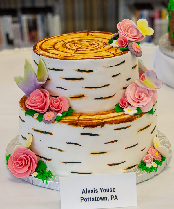 Alexis N. Youse, of Pottstown, presents a white birch-inspired cake.