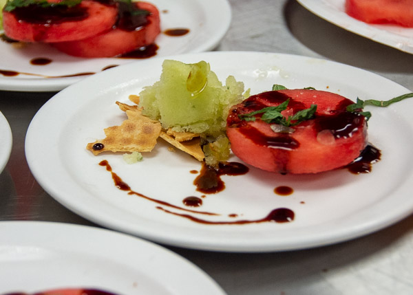 … watermelon steak with Malta Goya balsamic glaze and a grape and cucumber granita.