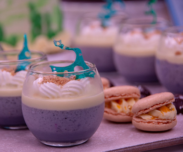 Boronow’s blueberry white chocolate mousse and mango macarons invoke ocean waves and pearl-bearing oysters.