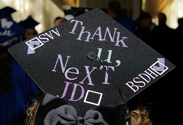Way borrows a line from Ariana Grande in personalizing her cap. And what's next, you ask? As indicated by the unchecked Juris Doctor box, she's off to Quinnipiac University School of Law with a health care focus.