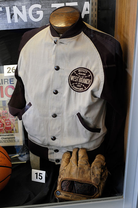 This 1947 jacket and glove was worn by Phil Hitesman, a member of the West Branch champion baseball team from Muncy – which raffled two tons of coal to raise money for the commemorative attire.