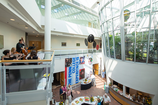 A quartet from the Williamsport Symphony Orchestra (of which Muzic was a board member emerita) – Emily Rolka and Katie Johnston, violins; Shelley Whitnack, viola; and Tim Breon, bass – performs on the SASC's second floor.