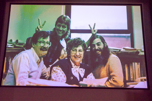 Included in a slideshow was this priceless photo of peerless English Department co-workers in the fabled Room 317 of the Klump Academic Center (from left): Ned S. Coates, Hanson, Muzic and Peter B. Dumanis.