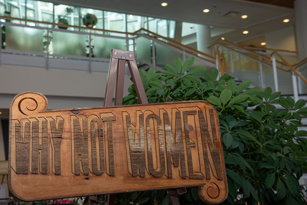 Student Anthony F. O’Koren used a CNC router at the campus makerspace to recreate a sign that once graced Muzic's office. (The original traveled by Greyhound bus from her daughter's Marietta College alma mater.) His replica, produced for a scholarship fundraiser during the spring semester, was purchased by President Gilmour and displayed at the entrance to Saturday's celebration.