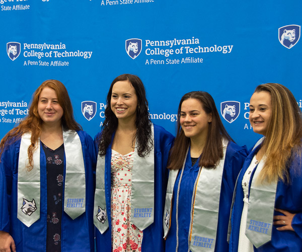 Graduating members of the Penn College softball team (from left): Kylie E. Shreiner, an occupational therapy assistant graduate from East Petersburg; Taylor A. Krow, a radiography graduate from Camp Hill; Laycee T. Clark, a physical therapist assistant grad from Tyrone; and Chelsea L. Gray, a culinary arts technology grad from Marysville.
