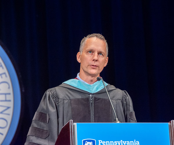 During his first commencement as provost, Michael J. Reed, vice president for academic affairs, addresses the audience.
