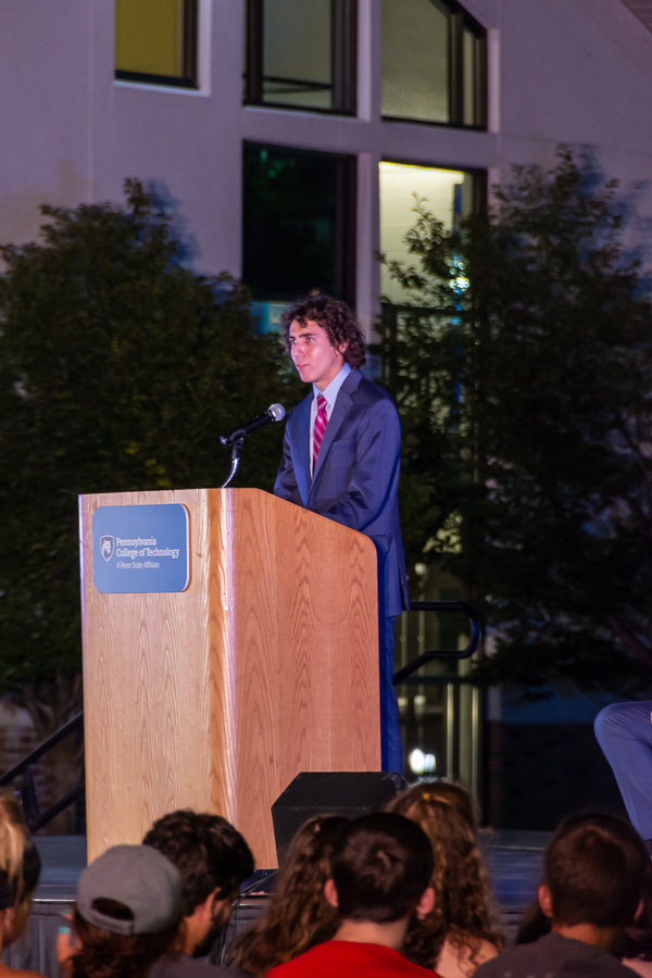Retracing his own course from indifference to involvement, Student Government Association President Patrick C. Ferguson passionately tells new arrivals, 