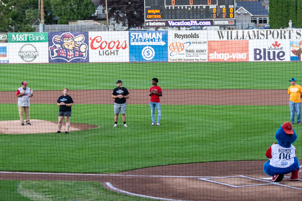 Gabe Sinicropi, the Crosscutters' vice president of marketing and public relations, introduces the student-athletes chosen to throw out ceremonial first pitches.