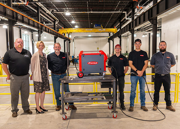 Fronius USA LLC is continuing its partnership with Pennsylvania College of Technology by entrusting 12 of its TPS/i 300 machines, units that facilitate multiple welding processes. From left are: David R. Cotner, dean of industrial, computing and engineering technologies; Elizabeth A. Biddle, director of corporate relations for the college; Wes Doneth, regional sales manager NE-Fronius USA; former Fronius USA interns Luke D. Stolarski and Benjamin A. Bean, both majoring in welding and fabrication engineering technology; and Tom Farley, sales application technician-Fronius USA.