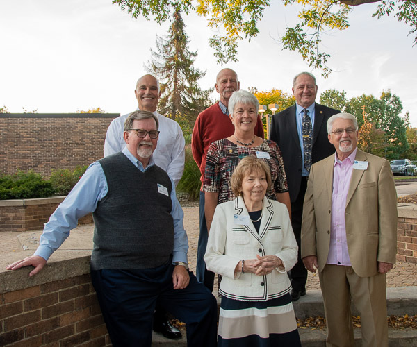 Six of the paramedic program's 12 first graduates attended a reunion in the Professional Development Center, as did the program’s first coordinator. Back row, from left: Stephen Wirth, Gene LeFavor and Walter Sinatra. Middle row, from left: Scott Williams, Carol Yorks and Charles Stutzman. Front row: Lanea Ruffaner, the program’s first coordinator.