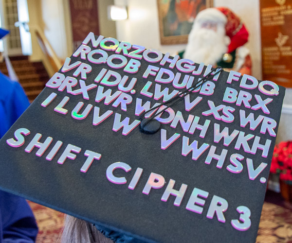 Allison F. Chapman, of Montoursville, information assurance and cyber security, sends a secret message on her cap. Want to decode it? Google “shift cypher 3.” Spoiler alert: We’ve decoded it for you! “Knowledge can only carry you so far. It’s up to you to take the first steps.”