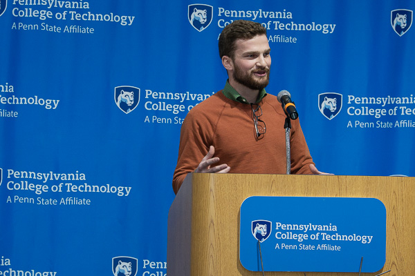 Tailoring his remarks to everyone in the room – donors, faculty classmates and alumni included – a grateful Nathaniel H. Lyon says his time at Penn College 