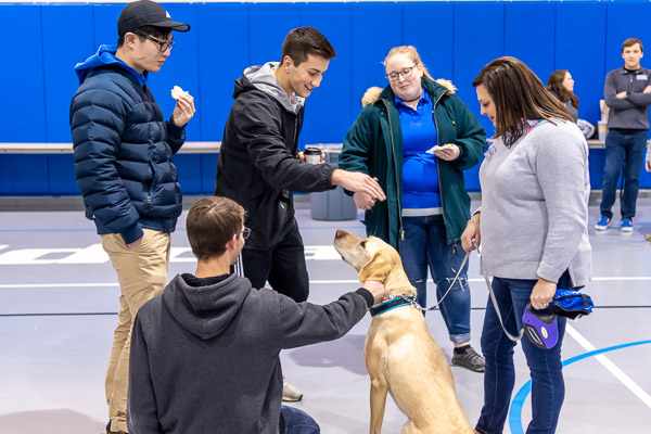 Rocky Mountain, a Labrador retriever owned by Lizze R. Winters (right), first year student transition coordinator, attracts an appreciative crowd.