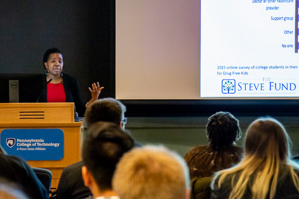 Batsirai Bvunzawabaya, associate director of outreach and prevention services at the University of Pennsylvania, talks Tuesday about the stereotypes encountered by students of color – and the impact they can have on emotional well-being.