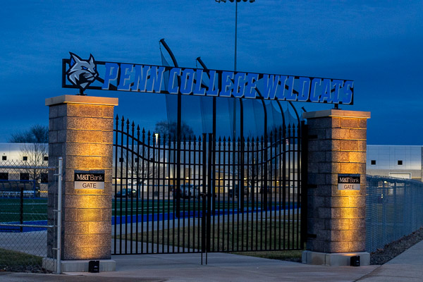 Golden uplighting adds to the attractiveness of the M&T Bank Gate at the entrance to UPMC Field.