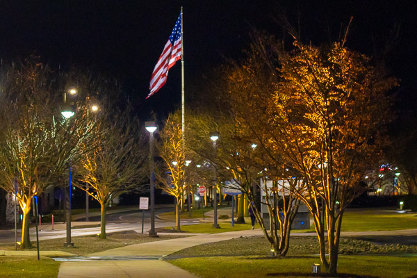 The campus's landmark red, white and blue takes on an accent color for the week's observance.