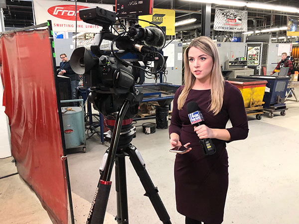 The journalist tells viewers that Penn College welding students have to complete a minimum of 144 hours of hands-on lab experience. 