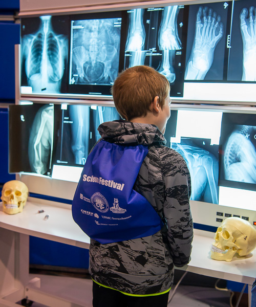 A youngster eyes a possible future in medical imaging at a display hosted by Penn College’s radiography major.