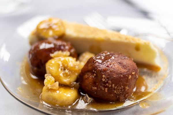 Ginnifer Snapps' dessert: crumb cheesecake with a sweet potato donut hole and Bananas Foster with crystallized ginger