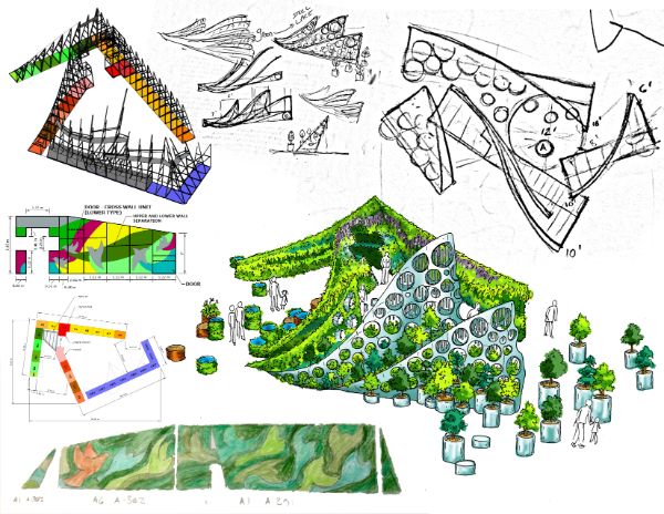 A collage of sketches illustrates the evolution of the Living Chapel’s design. 
