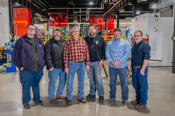 Penn College welding faculty who assisted with the project are (from left) Matthew J. Bell, Matthew W. Nolan, Michael J. Nau, Michael C. Schelb, Ryan P. Good and Michael R. Allen.