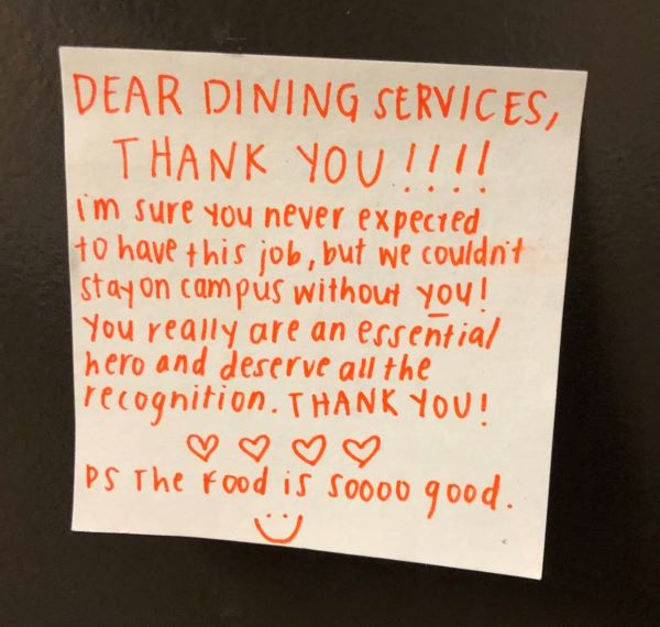 A student left this "Thank you" note on the door for the folks delivering meals.