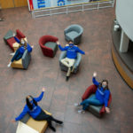 Relaxing on the SASC's first floor after a challenging, yet rewarding Connections season are (clockwise from lower left) Links Harriman, Flanagan, Highland and Wiest.