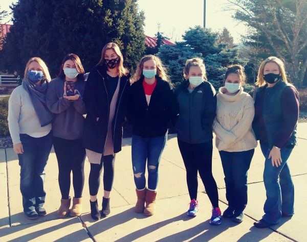 From left, physician assistant instructor Julie I. Edkin; students Chaela Swink, of Hughesville, Gabrielle E. Moore, of Jersey Shore (also pictured on the phone held by Swink), Alison Filozof, of Williamsport, Amanda Lisi, of Montoursville, Olivia A. Forney, of Williamsport, Damaris A. Diaz, of Willamsport; and instructor Heather S. Dorman.