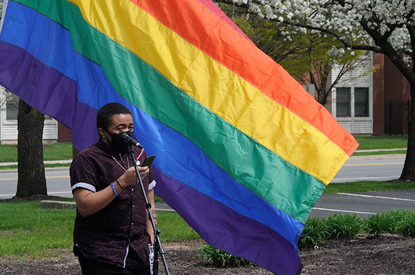 Kailan K. Marshall, vice president of PC Alliance and a Student Government Association senator-at-large for diversity, equity and inclusion, addresses attendees at the flag-raising. 