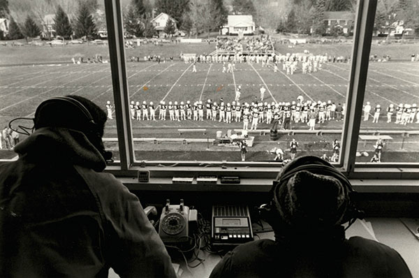 Speicher (left) and Byham share Warrior football broadcast duties in this undated photo, courtesy of the Lycoming College Archives.