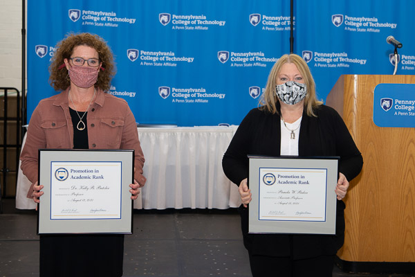 Among the faculty members promoted in academic rank beginning with the 2021-22 year are Kelly B. Butzler (left), from associate professor to professor of chemistry, and Pamela W. Baker, from assistant professor to associate professor of nursing programs.