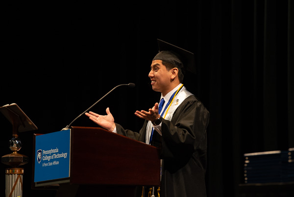 Humorously (and emotionally) recapping his collegiate ups and downs, Joseph M. Morrin asked other grads to raise their hands if they, too, had experienced their lowest low in the past two or four years. Recalling the January 2019 death of his father during that period, as well as the overwhelming and chaotic nature of campus life in general, he said pandemic-induced isolation gave him a chance to slow down and catch his breath. 