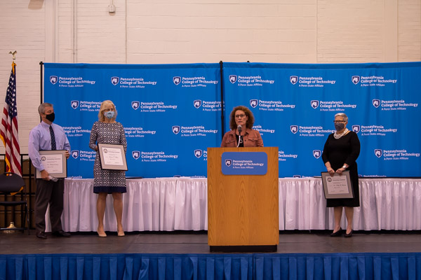 Kelly B. Butzler, honored with The President’s Award for Outstanding Assessment of Student Learning along with Rob Cooley and Joanna K. Flynn (at left), explains the impetus for their near-immediate survey of faculty and student experiences during the pandemic-induced pivot to virtual instruction. 