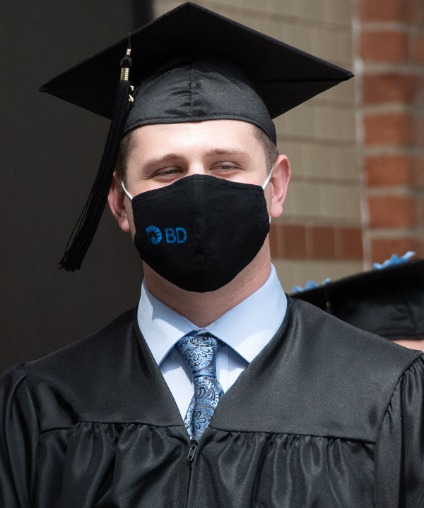 A facemask shows one of many companies that hire Penn College grads.