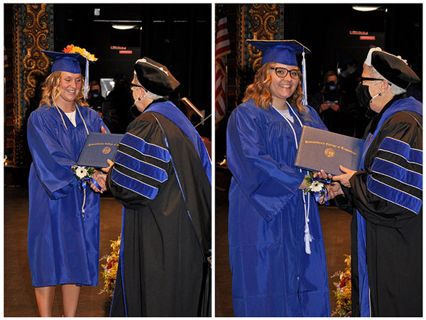 Madison P. Clark (left) and Morgan Marie Winwood – each of whom received the Penn College Early Childhood Education Award – are congratulated by President Davie Jane Gilmour during May 14 commencement exercises.