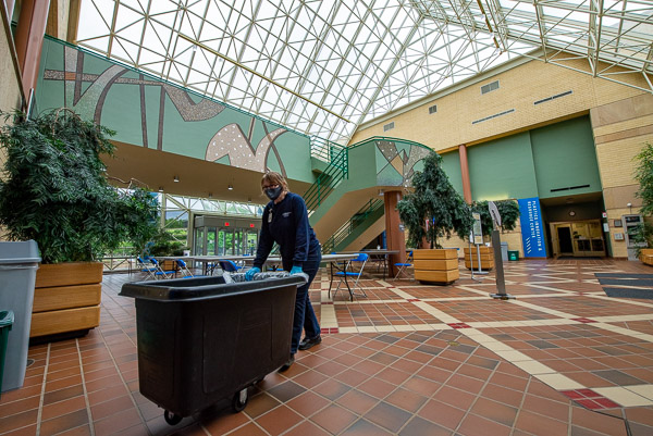 Making her way across the always-beautiful and ever-spotless ATHS atrium is Patty A. Thomas, a first-shift custodian.