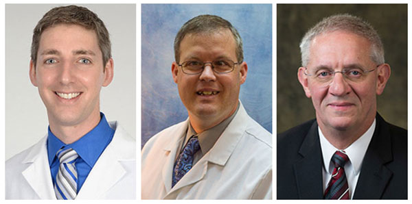 From left: Dr. Jonathan Trager, a 2000 graduate of Pennsylvania College of Technology’s paramedic program, a prehospital physician and medical director for St. Luke’s University Hospital; Dr. Adrian Brandau, a 2007 Penn College paramedic program alumnus, an emergency physician for UPMC Williamsport; and Dr. Gregory R. Frailey, medical director for Penn College’s paramedic program and Susquehanna Regional EMS.