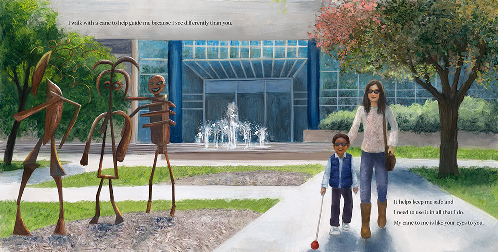Rendered through research and imbued with love, Saumell's illustrations provide a welcoming touch to Mason's story – including this scenic stroll on Penn College's main campus, complete with such familiar landmarks as the ATHS fountain and the welded sculptures along the mall.
