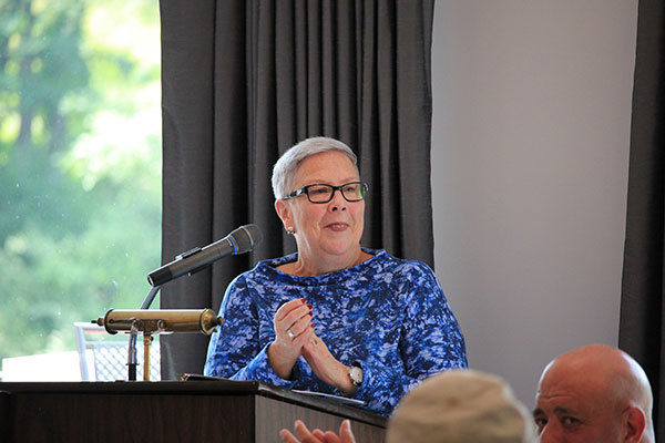 Penn College President Davie Jane Gilmour recognizes steadfast Golf Classic supporters: 10-year participants Ed and Linda Alberts and C&N Bank and 20-year participants Woodlands Bank and John Young. She also acknowledged two who have participated in every Golf Classic during its 35-year history: Blaise Alexander Family Dealerships and Peggy Roskowski, represented by Cable Services Co.