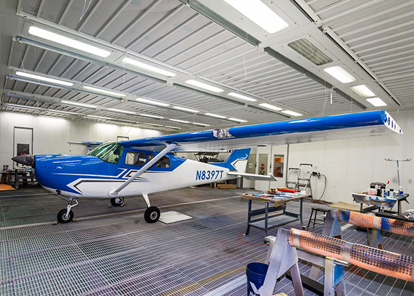 Resplendent in Penn College blue and gray, the repainted Cessna 175C greets visitors to Penn College’s Lumley Aviation Center.