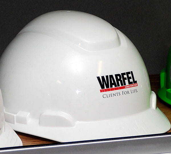 A Warfel hard hat is on display in the construction management wing on the second floor of the college's Hager Lifelong Education Center.