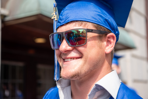 Trevor H. Kennedy, of Montgomery, moves confidently toward a two-year degree in heavy construction equipment technology: technician emphasis, his shades reflecting supportive friends.
