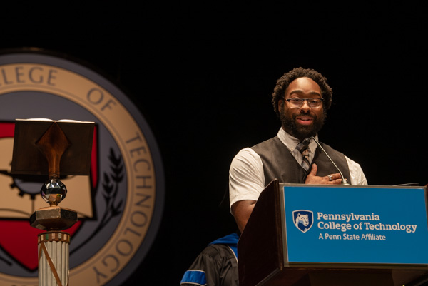 Returning to the CAC, where he was presented with the President's Award in May 2016, the alumni honoree reunited with many familiar faces from his time at Penn College. And not surprisingly, as a four-year member of the Wildcat basketball squad, he continued the theme of collaboration in predicting this class of "overcomers" will change the world. "The work is not done," Thompson cautioned. "A new world is going to be put into your hands as soon as you walk out these doors. But remember that your peers, right here, are those that you can rely on. Everybody here at Penn College – they want the best for you, as well. When you come back to this campus, you ARE home. You have a huge support system behind you, and we are cheering you on each and every day."