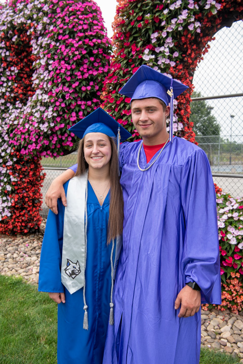 Physican therapist assistant alumna Keyona R. Shoff, of Shamokin – a conference scholar-athlete as a member of the Wildcat basketball team – joins her brother for a family memento. Jantzen C. Shoff, who graduated from Shamokin Area High School this year, donned his cap and gown for pics with his sister; they were to be honored at a joint celebration later in the weekend.