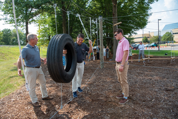 The Breuder Advanced Technology & Health Sciences Center (right) provides an orienting landmark for the Challenge Course and its lineup of tires.